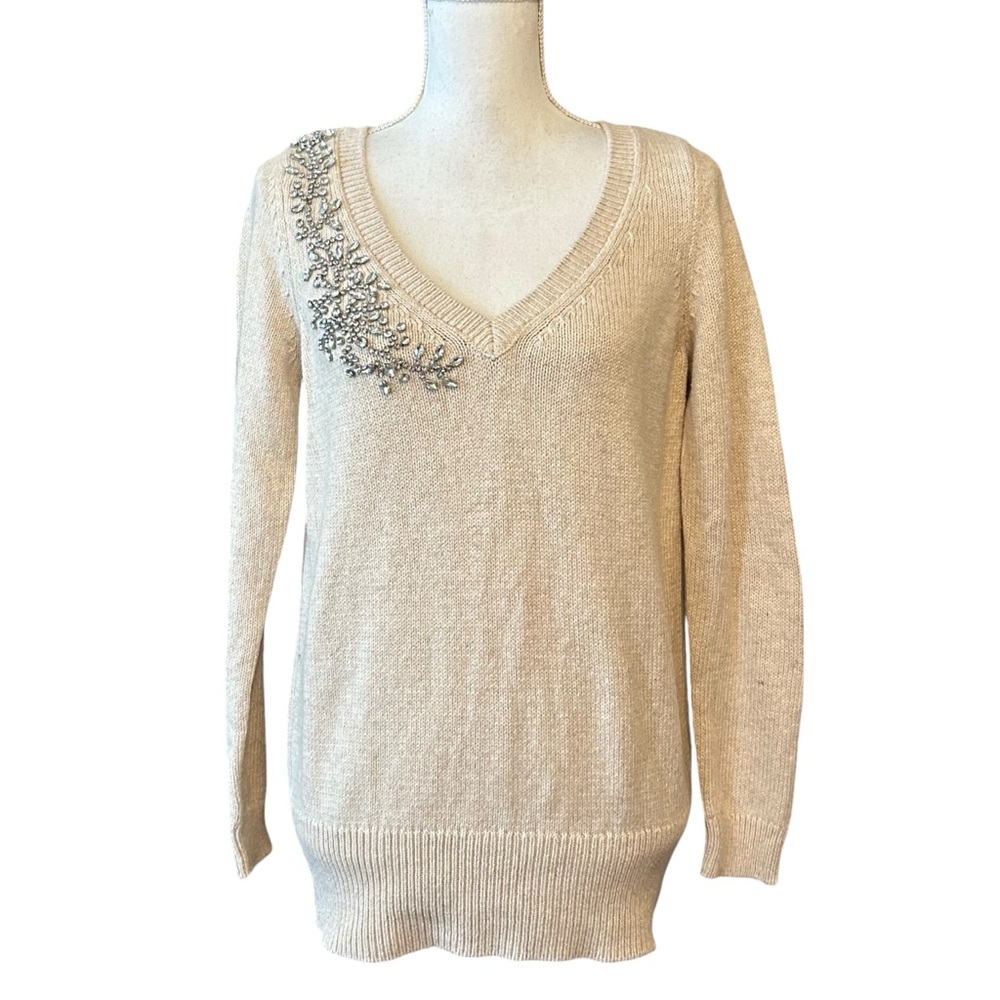White House Black Market Luxe Embellished Cashmere‎ Blend Sweater SZ Small Beige
